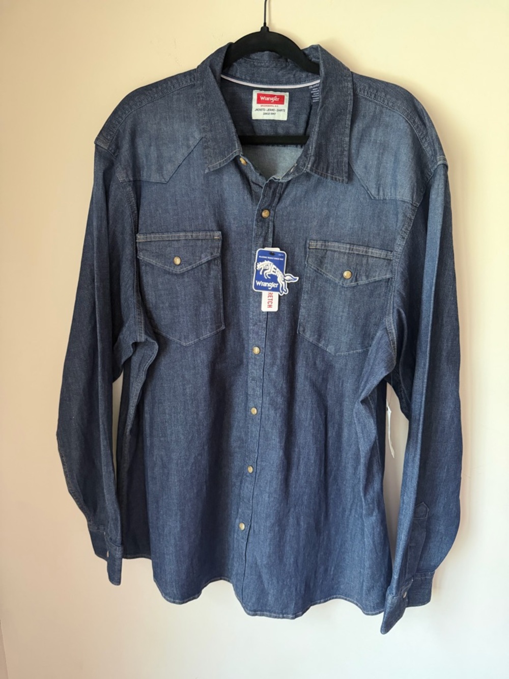 Wrangler Free To Stretch Long  Sleeve Shirt Size 2X Blue Denim Snaps Western NWT
